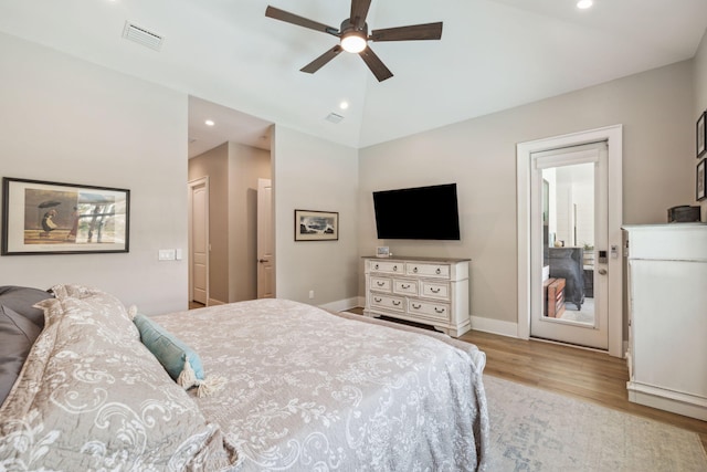 508 W Point Washington Rd, Santa Rosa Beach, FL 32459 - bedroom featuring wood finished floors, vaulted ceiling, recessed lighting, and ceiling fan