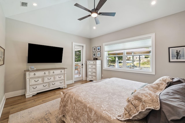 508 W Point Washington Rd, Santa Rosa Beach, FL 32459 - bedroom featuring access to exterior, wood finished floors, recessed lighting, a ceiling fan, and lofted ceiling