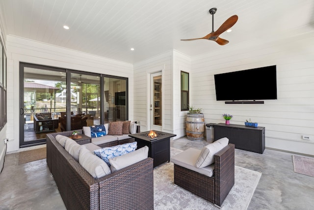 508 W Point Washington Rd, Santa Rosa Beach, FL 32459 - living room featuring concrete flooring, ceiling fan, wooden walls, and recessed lighting