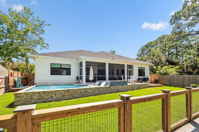 508 W Point Washington Rd, Santa Rosa Beach, FL 32459 - rear view of property featuring a sunroom, roof with shingles, a fenced backyard, and ceiling fan