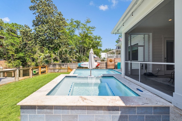 508 W Point Washington Rd, Santa Rosa Beach, FL 32459 - view of pool with an in-ground hot tub, a fenced backyard, and a sunroom