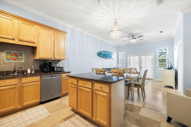 231 Somerset Bridge Rd Unit 1209, Santa Rosa Beach, FL 32459 - kitchen featuring stainless steel dishwasher, backsplash, a chandelier, dark stone countertops, and ornamental molding