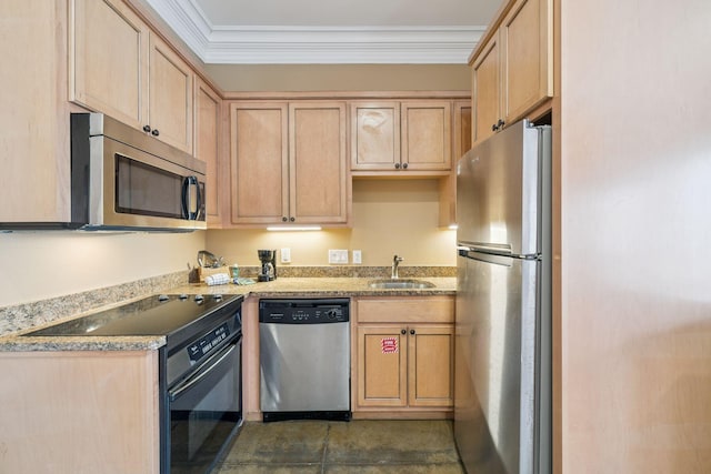 19108 Front Beach Rd Unit A & B, Panama City Beach, FL 32413 - kitchen with stainless steel appliances, light brown cabinets, and ornamental molding