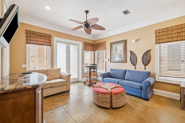 19108 Front Beach Rd Unit A & B, Panama City Beach, FL 32413 - living area with ceiling fan, crown molding, healthy amount of natural light, light tile patterned floors, and recessed lighting