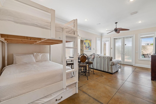 19108 Front Beach Rd Unit A & B, Panama City Beach, FL 32413 - bedroom with access to outside, french doors, ornamental molding, recessed lighting, and a ceiling fan