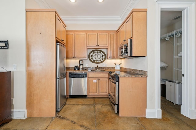 19108 Front Beach Rd Unit A & B, Panama City Beach, FL 32413 - kitchen with appliances with stainless steel finishes, ornamental molding, dark stone counters, concrete floors, and recessed lighting