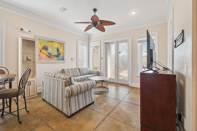 19108 Front Beach Rd Unit A & B, Panama City Beach, FL 32413 - living area with french doors, a ceiling fan, ornamental molding, light tile patterned flooring, and recessed lighting