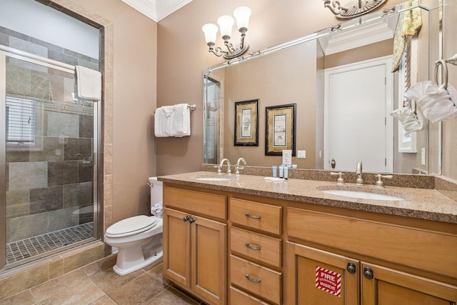 19108 Front Beach Rd Unit A & B, Panama City Beach, FL 32413 - bathroom with crown molding, double vanity, and a stall shower
