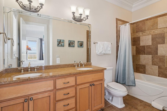 19108 Front Beach Rd Unit A & B, Panama City Beach, FL 32413 - full bathroom featuring crown molding, double vanity, shower / bath combo, tile patterned flooring, and a chandelier