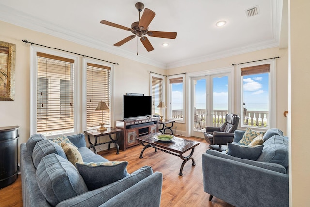 19108 Front Beach Rd Unit A & B, Panama City Beach, FL 32413 - living room with a ceiling fan, ornamental molding, wood finished floors, and recessed lighting