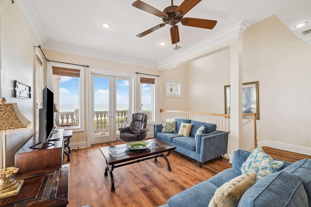 19108 Front Beach Rd Unit A & B, Panama City Beach, FL 32413 - living room featuring ceiling fan, crown molding, wood finished floors, and recessed lighting