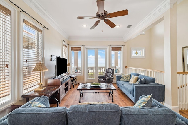 19108 Front Beach Rd Unit A & B, Panama City Beach, FL 32413 - living area featuring a ceiling fan, wood finished floors, and crown molding