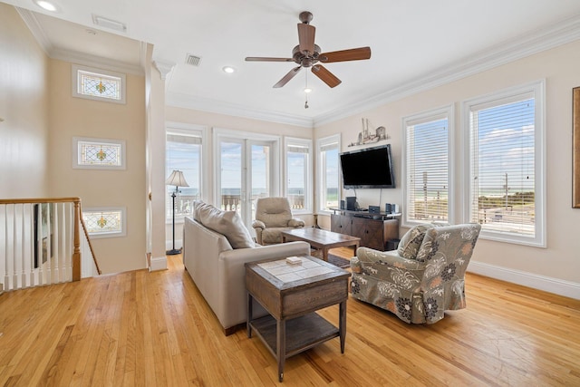 19108 Front Beach Rd Unit A & B, Panama City Beach, FL 32413 - living room with light wood finished floors, a ceiling fan, ornamental molding, plenty of natural light, and recessed lighting