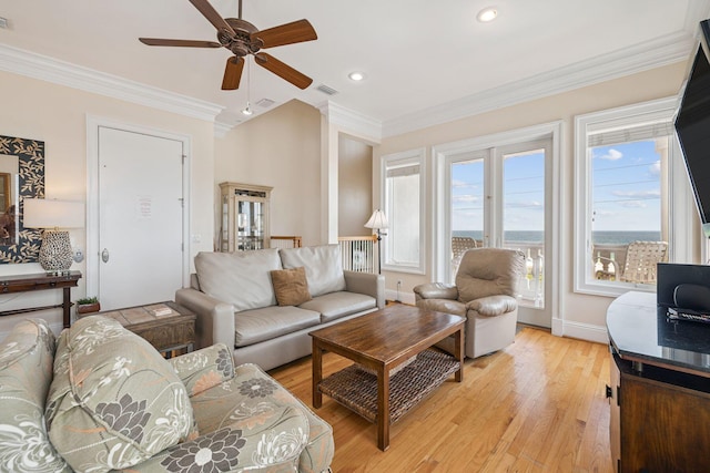 19108 Front Beach Rd Unit A & B, Panama City Beach, FL 32413 - living area featuring a ceiling fan, ornamental molding, light wood-style flooring, and recessed lighting