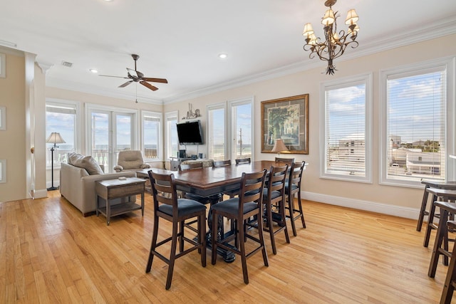 19108 Front Beach Rd Unit A & B, Panama City Beach, FL 32413 - dining space with light wood-style floors, ceiling fan, crown molding, plenty of natural light, and recessed lighting
