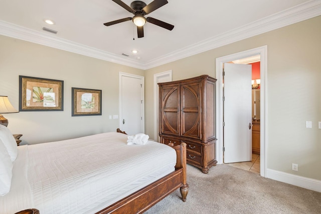 19108 Front Beach Rd Unit A & B, Panama City Beach, FL 32413 - bedroom with light carpet, ornamental molding, ceiling fan, recessed lighting, and ensuite bath