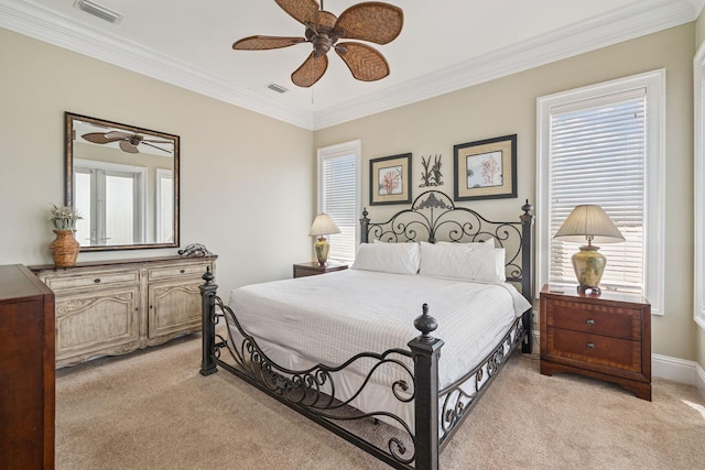 19108 Front Beach Rd Unit A & B, Panama City Beach, FL 32413 - bedroom featuring light carpet, crown molding, multiple windows, and ceiling fan