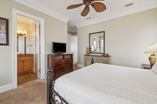 19108 Front Beach Rd Unit A & B, Panama City Beach, FL 32413 - carpeted bedroom featuring crown molding, a chandelier, a ceiling fan, and ensuite bath