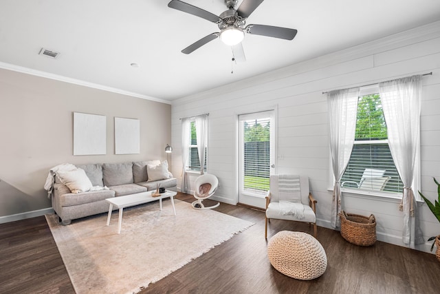 1819 Stable Ln, Fort Walton Beach, FL 32547 - living area featuring ornamental molding, dark wood-style floors, and a ceiling fan