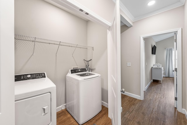 1819 Stable Ln, Fort Walton Beach, FL 32547 - laundry room with washing machine and dryer, wood finished floors, ornamental molding, and recessed lighting