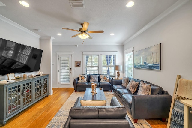 386 Grande Pointe Cir, Inlet Beach, FL 32461 - living room with ceiling fan, ornamental molding, wood finished floors, and recessed lighting