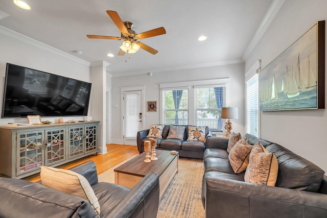386 Grande Pointe Cir, Inlet Beach, FL 32461 - living area with wood finished floors, recessed lighting, a ceiling fan, crown molding, and plenty of natural light