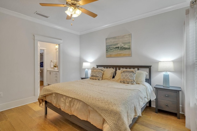 386 Grande Pointe Cir, Inlet Beach, FL 32461 - bedroom with crown molding, wood finished floors, ensuite bath, and ceiling fan