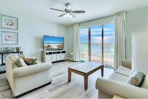 17757 Front Beach Rd Unit 507, Panama City Beach, FL 32413 - living room with light wood-style flooring and ceiling fan