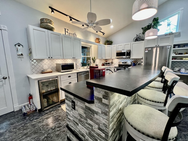 226 N Marsh Lndg, Freeport, FL 32439 - kitchen with stainless steel appliances, wine cooler, decorative backsplash, vaulted ceiling, and a ceiling fan