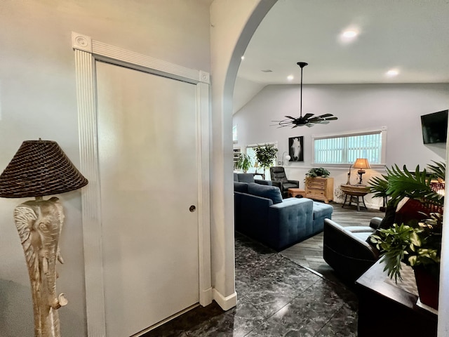 226 N Marsh Lndg, Freeport, FL 32439 - foyer featuring arched walkways, lofted ceiling, a ceiling fan, and recessed lighting