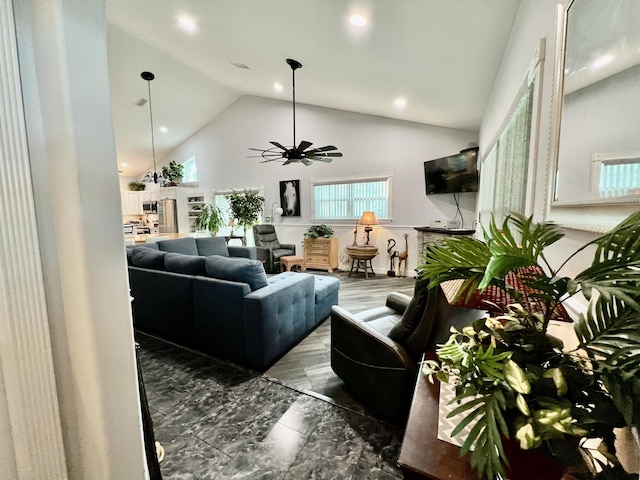 226 N Marsh Lndg, Freeport, FL 32439 - living area featuring ceiling fan, high vaulted ceiling, plenty of natural light, and recessed lighting