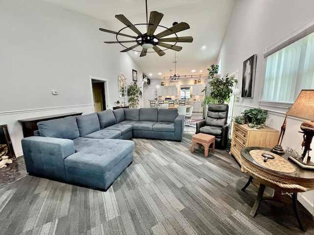 226 N Marsh Lndg, Freeport, FL 32439 - living area with high vaulted ceiling, ceiling fan, a chandelier, and recessed lighting