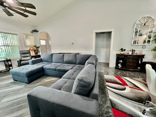 226 N Marsh Lndg, Freeport, FL 32439 - living room featuring ceiling fan, arched walkways, carpet flooring, and high vaulted ceiling