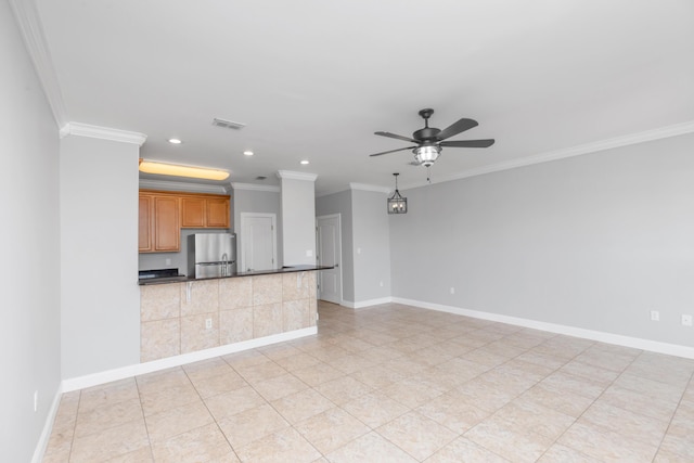 289 Mattie M Kelly Blvd, Destin, FL 32541 - unfurnished living room featuring ornamental molding, a ceiling fan, recessed lighting, and light tile patterned flooring