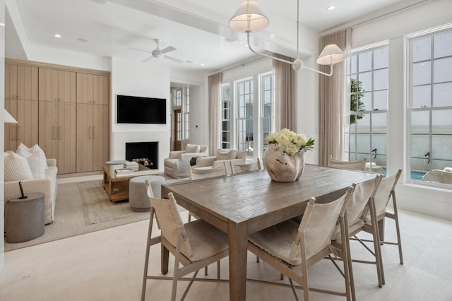 40 Silver Sea Ct Unit Aa4, Inlet Beach, FL 32461 - dining area featuring ceiling fan, a fireplace, wood walls, and recessed lighting