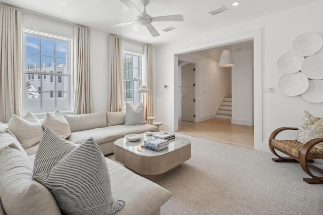 40 Silver Sea Ct Unit Aa4, Inlet Beach, FL 32461 - living area with ceiling fan, stairway, light carpet, and recessed lighting