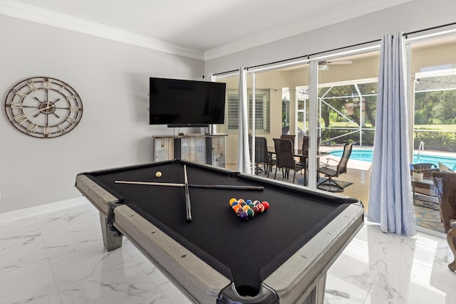 96 Garnet Pl, Destin, FL 32541 - recreation room with marble look tile flooring, crown molding, billiards, and a ceiling fan
