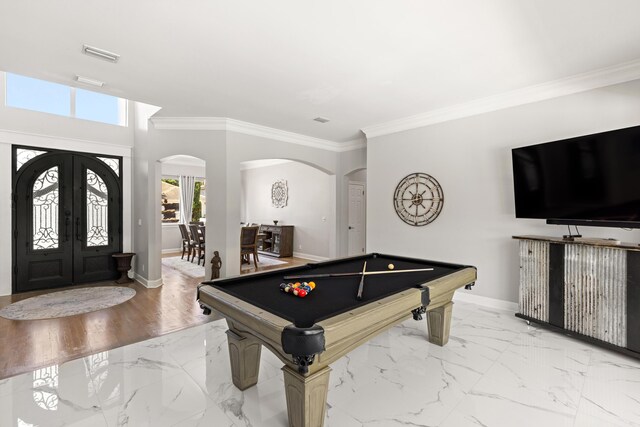 96 Garnet Pl, Destin, FL 32541 - playroom with arched walkways, crown molding, marble finish flooring, french doors, and billiards table