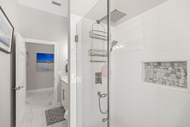 96 Garnet Pl, Destin, FL 32541 - full bathroom featuring marble look tiles, a stall shower, and vanity