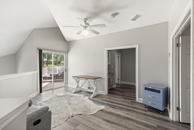 96 Garnet Pl, Destin, FL 32541 - bedroom with access to exterior, lofted ceiling, dark wood finished floors, and ceiling fan