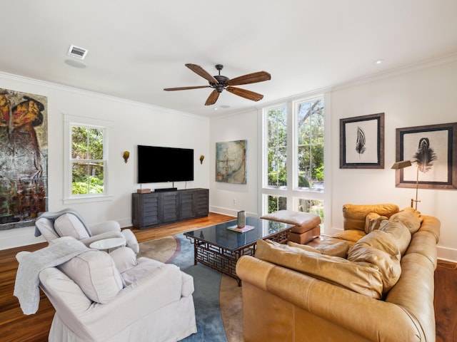 16 Beachberry Ln, Santa Rosa Beach, FL 32459 - living area featuring wood finished floors, ceiling fan, and ornamental molding