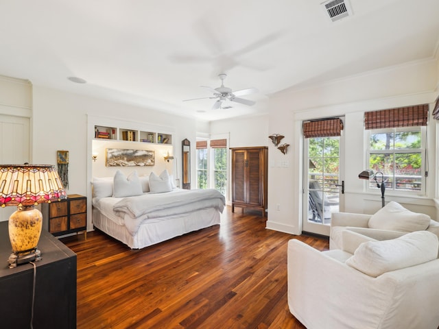 16 Beachberry Ln, Santa Rosa Beach, FL 32459 - bedroom featuring access to exterior, dark wood-type flooring, ceiling fan, and crown molding