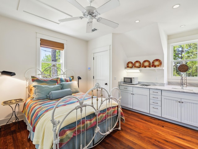 16 Beachberry Ln, Santa Rosa Beach, FL 32459 - bedroom featuring multiple windows, dark wood-style floors, recessed lighting, and a ceiling fan