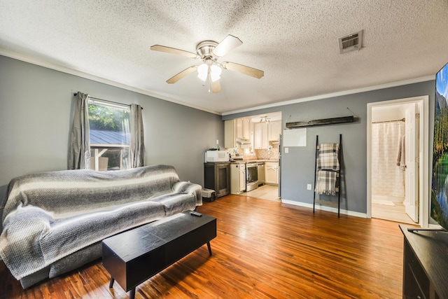 965 B St, Crestview, FL 32536 - living room with a ceiling fan, ornamental molding, light wood-type flooring, and a textured ceiling