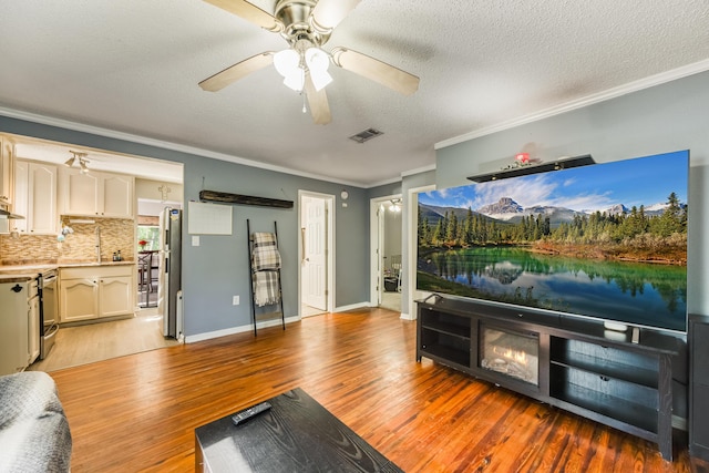 965 B St, Crestview, FL 32536 - living room with crown molding, ceiling fan, light wood-style floors, and a textured ceiling