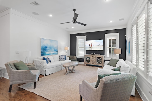 257 Matts Way, Santa Rosa Beach, FL 32459 - living area featuring plenty of natural light, crown molding, a ceiling fan, wood finished floors, and recessed lighting
