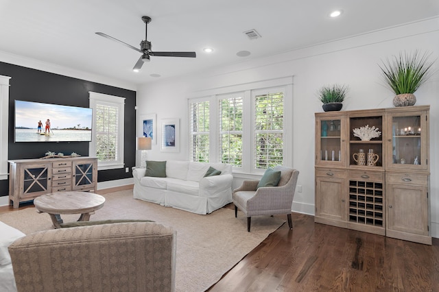 257 Matts Way, Santa Rosa Beach, FL 32459 - living area with a ceiling fan, wood finished floors, recessed lighting, and crown molding