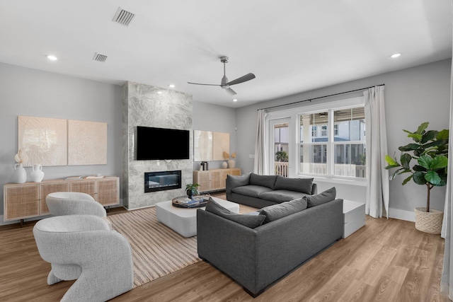 34 W Majestic Palm Dr, Inlet Beach, FL 32461 - living room with ceiling fan, recessed lighting, wood finished floors, and a fireplace