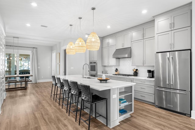 34 W Majestic Palm Dr, Inlet Beach, FL 32461 - kitchen with stainless steel appliances, under cabinet range hood, gray cabinets, backsplash, and light wood-style floors