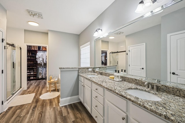 134 Mussett Bayou Ct, Santa Rosa Beach, FL 32459 - bathroom with a stall shower, wood finished floors, double vanity, and a spacious closet